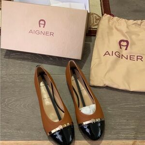 Etienne Aigner Tan and Black Flats